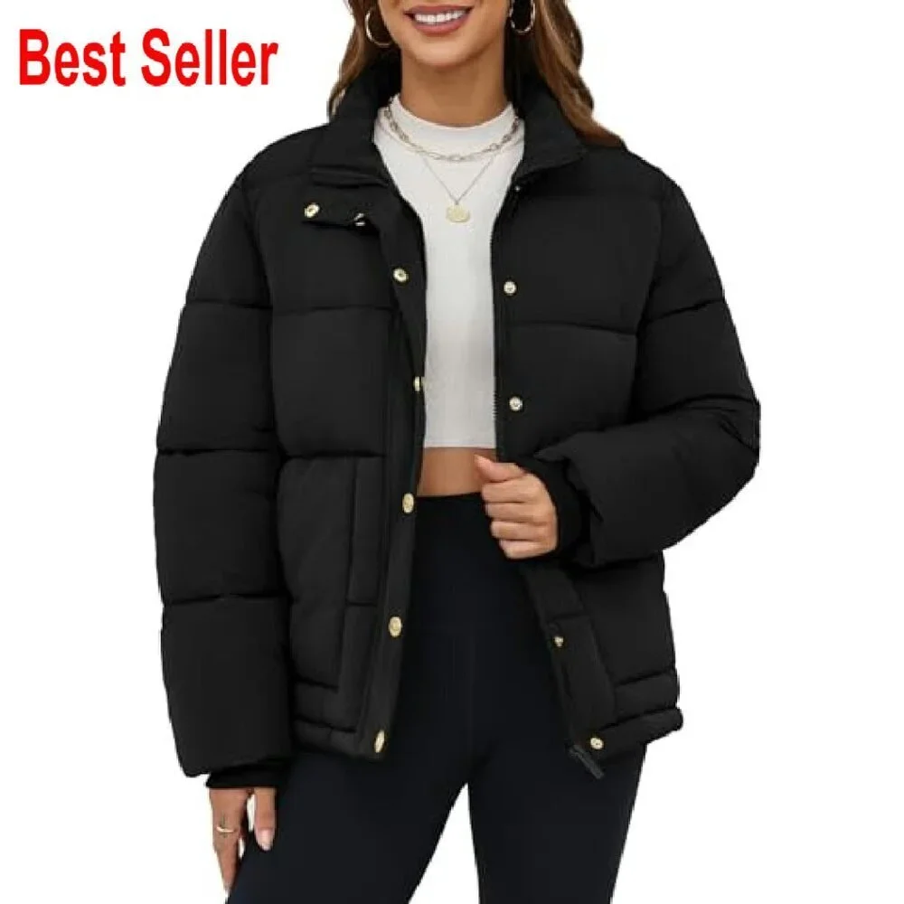Cropped Puffer Jacket Winter Stand Collar Zip Up Snap Button Lightweight